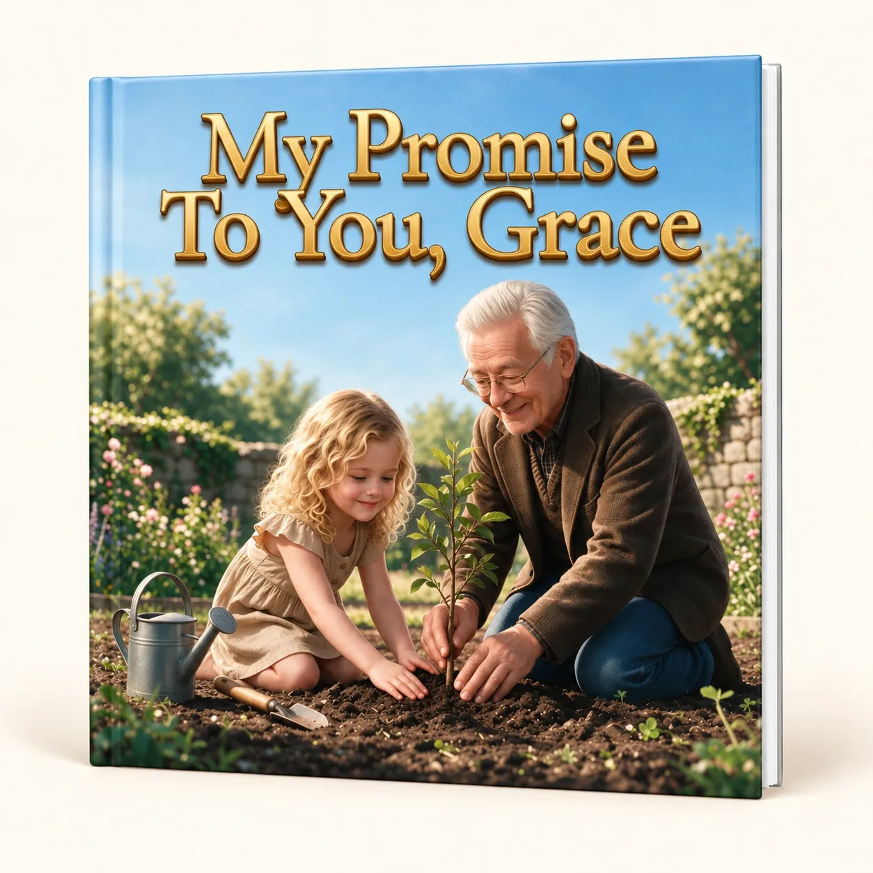 Grandad and Grace planting a tree on the cover of My Promise To You, Grace