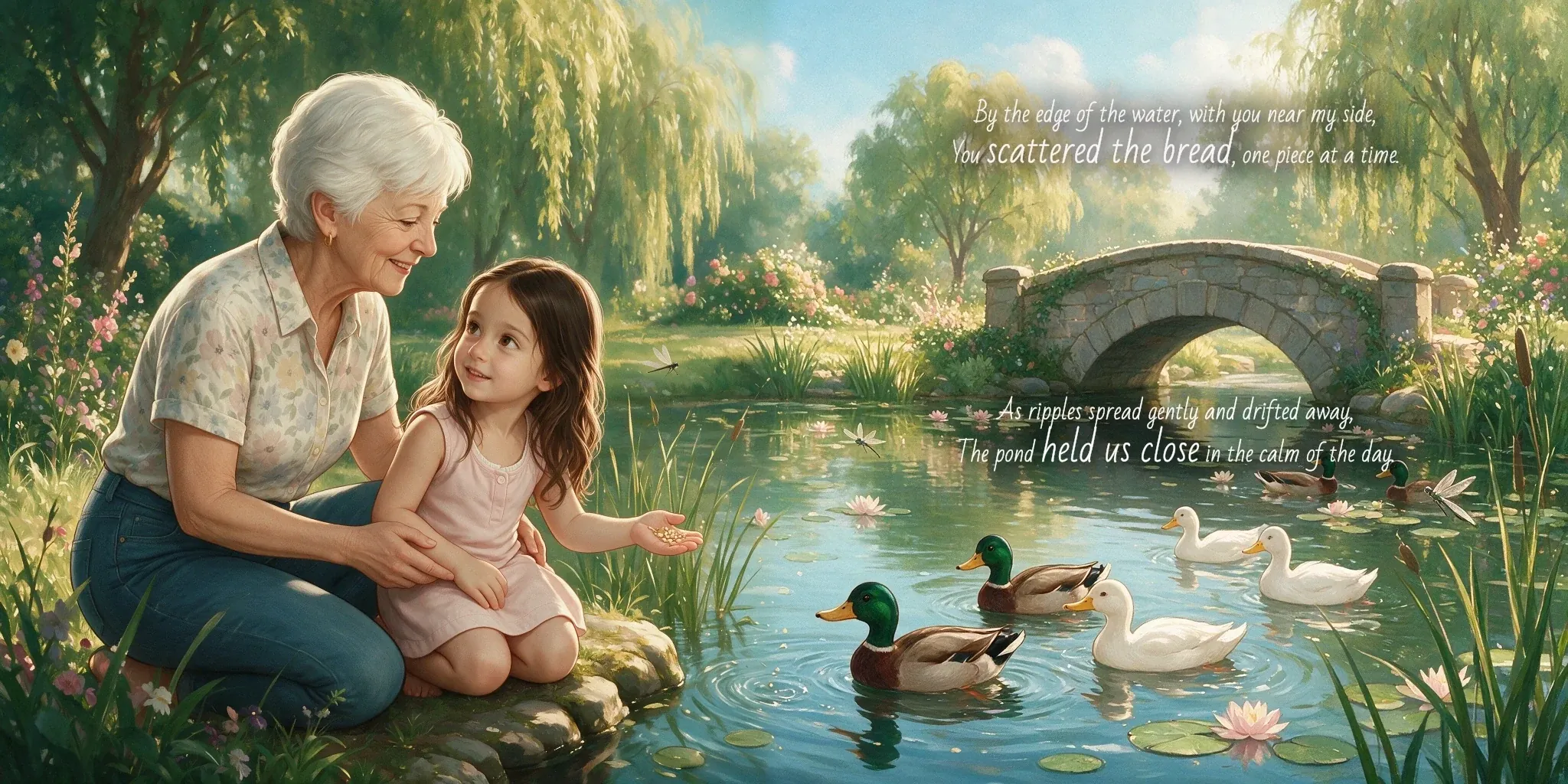 Grandma and Kate feeding ducks together in their painterly storybook
